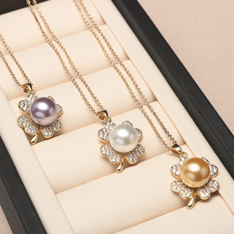 ❤️36k-2 14K Akoya Pearl Jewelry Set Four-leaf Necklace/Earrings
